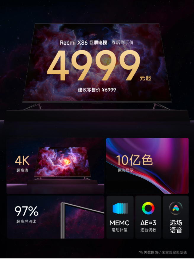 小米 Redmi X86 巨屏电视发布：4K 屏、金属机身，首发价 4999 元