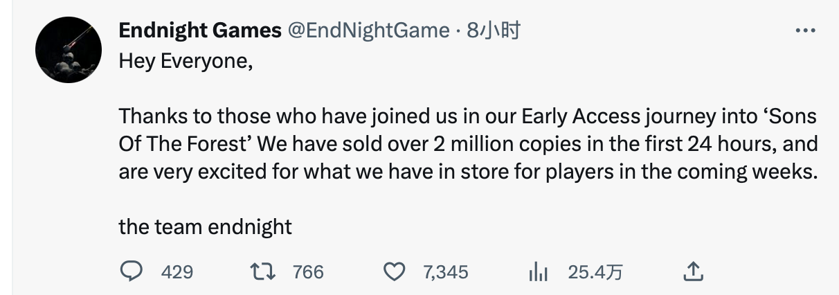 《森林之子》Steam 发售 24 小时销量突破 200 万份！